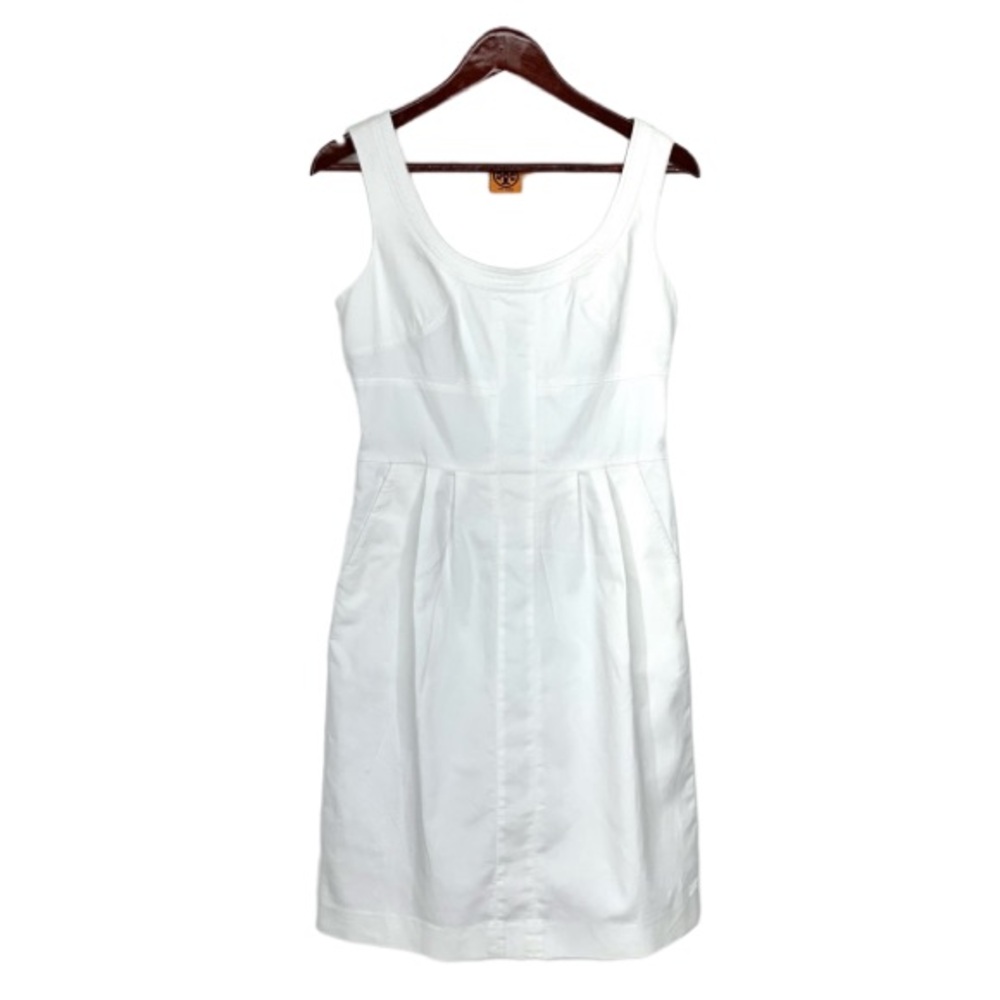 Tory Burch Solid White Cotton Spandex Sleeveless Scoop Neck Dress With Pockets